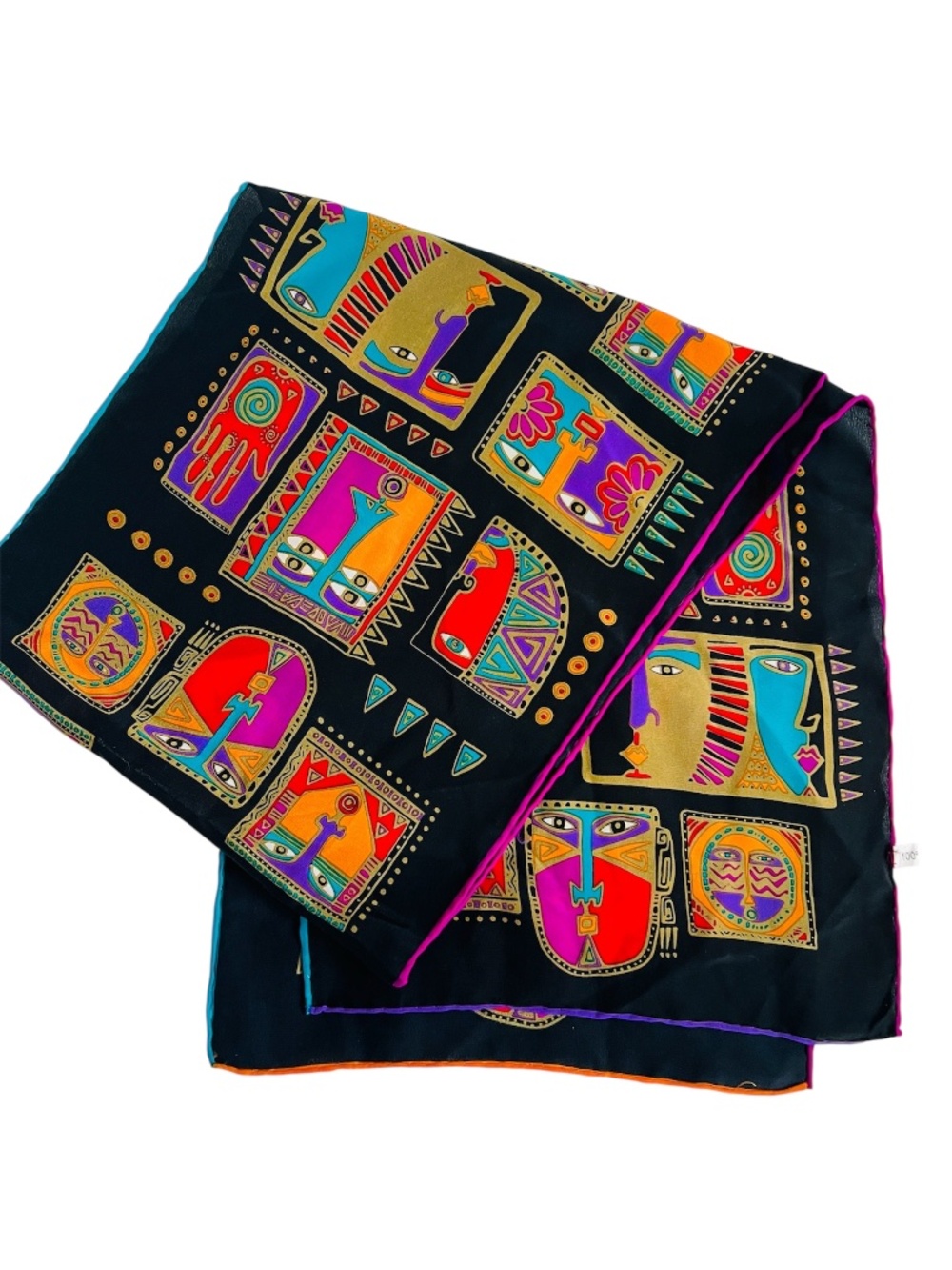 Scarf 100% Silk Primitive Faces Colourful Rectangle Hand Rolled Edge